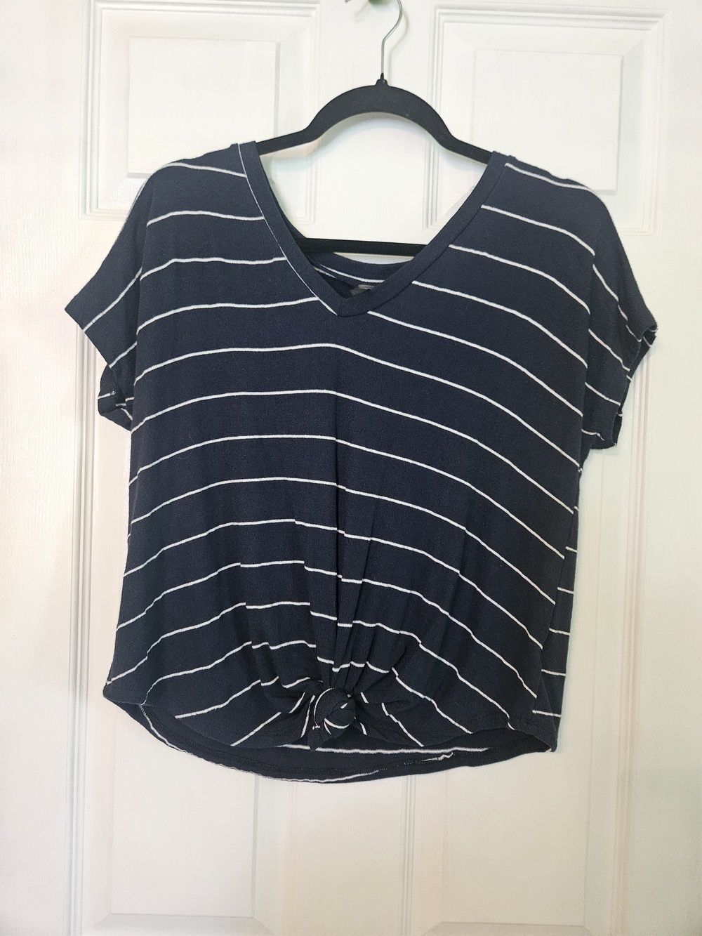 Alya Navy Striped V-Neck Knot Front Crop Top